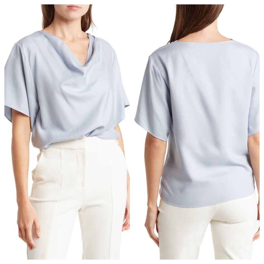 VINCE Womens Cowl Neck Short Sleeve Top Size S in Ice Blue Tencel Lyocell NWT